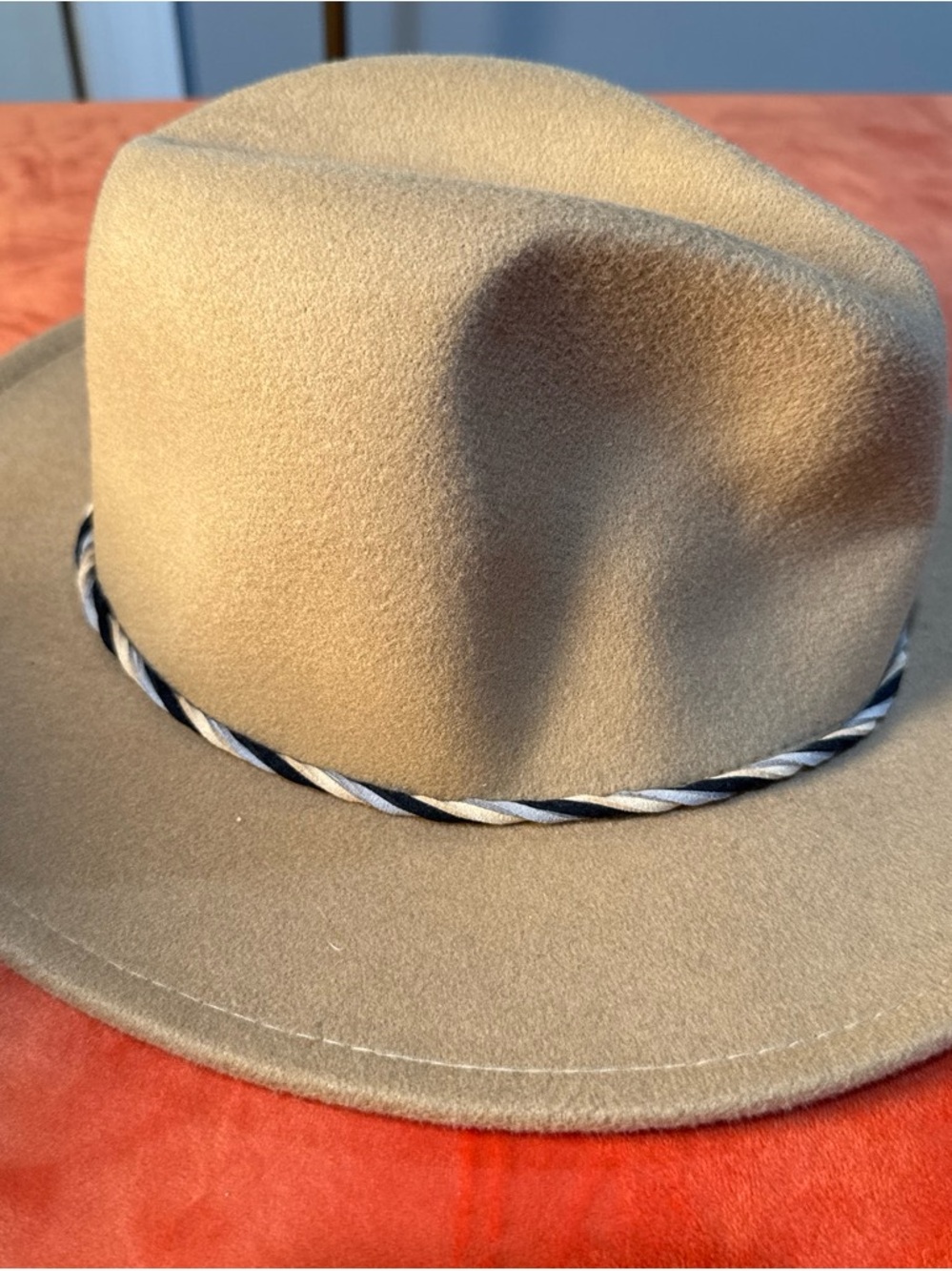 Fashion Nova Tan Felt Fedora with Black-and-White Braided Band